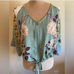 Daytrip Floral Zip-Front Blouse - Green and Blue
